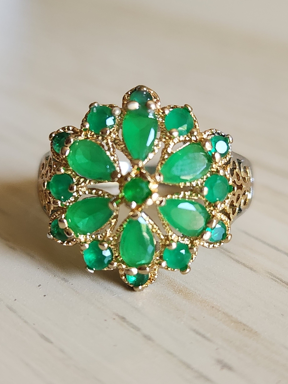 New 18K Gold Plated and 925 Silver Emerald Flower Ring